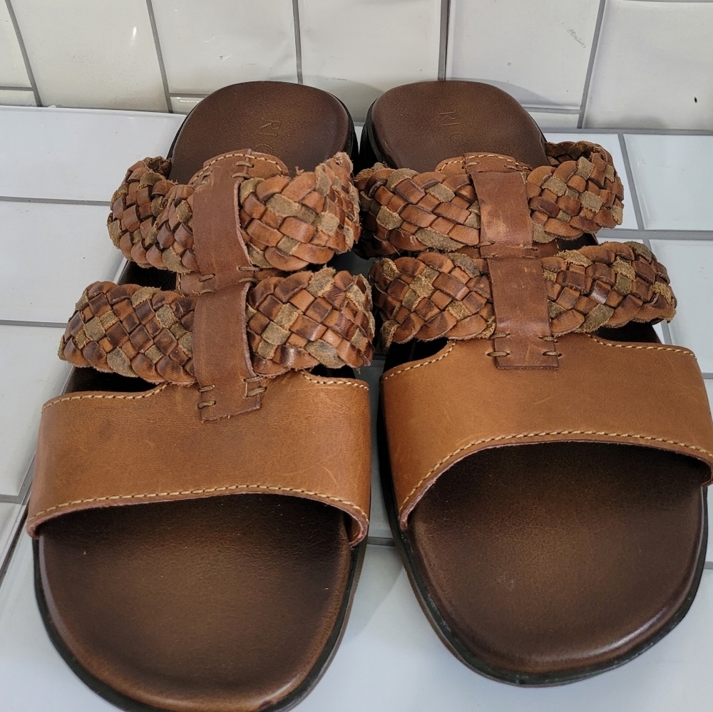 RJ COLT Vintage Mens Brown Leather Slip On Sandals Braided Leather Detail